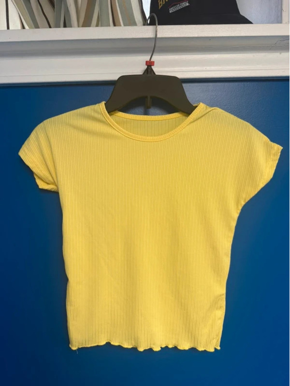 SHEIN Girls Size 8 Yellow Ribbed Lettuce Trim Short Sleeve Top